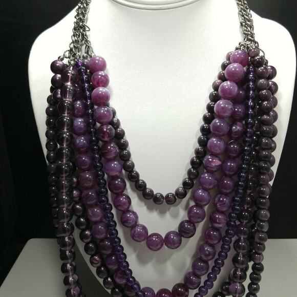 Chico's Purple Multi-Strand Acrylic Layered Bead Necklace, Gunmetal Gray Chains - Picture 7 of 16